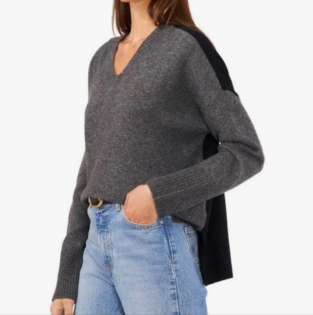 Vince Camuto‎ Two Tone Oversized V-Neck Hi-Low Sweater Large Grey Black